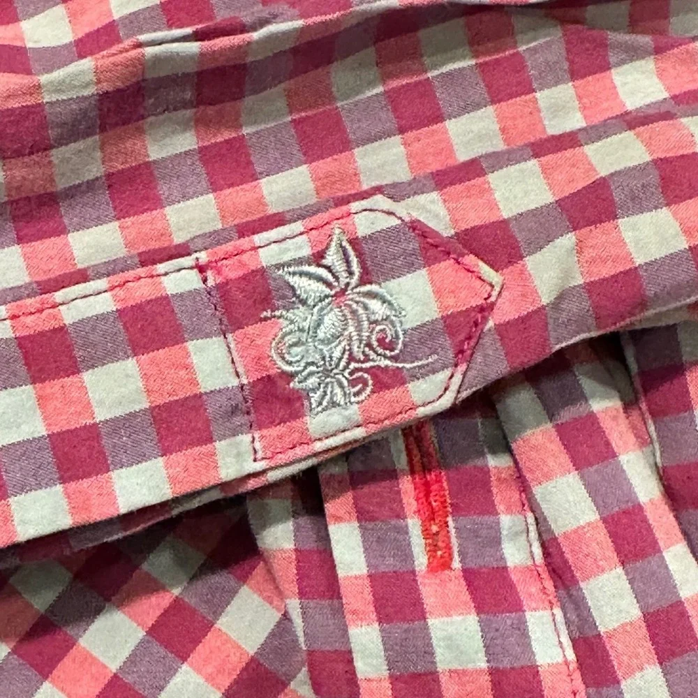 Stone Rose Gingham Button Down Shirt Pink Floral Trim Cotton Men's Size 3 Medium - Picture 6 of 9